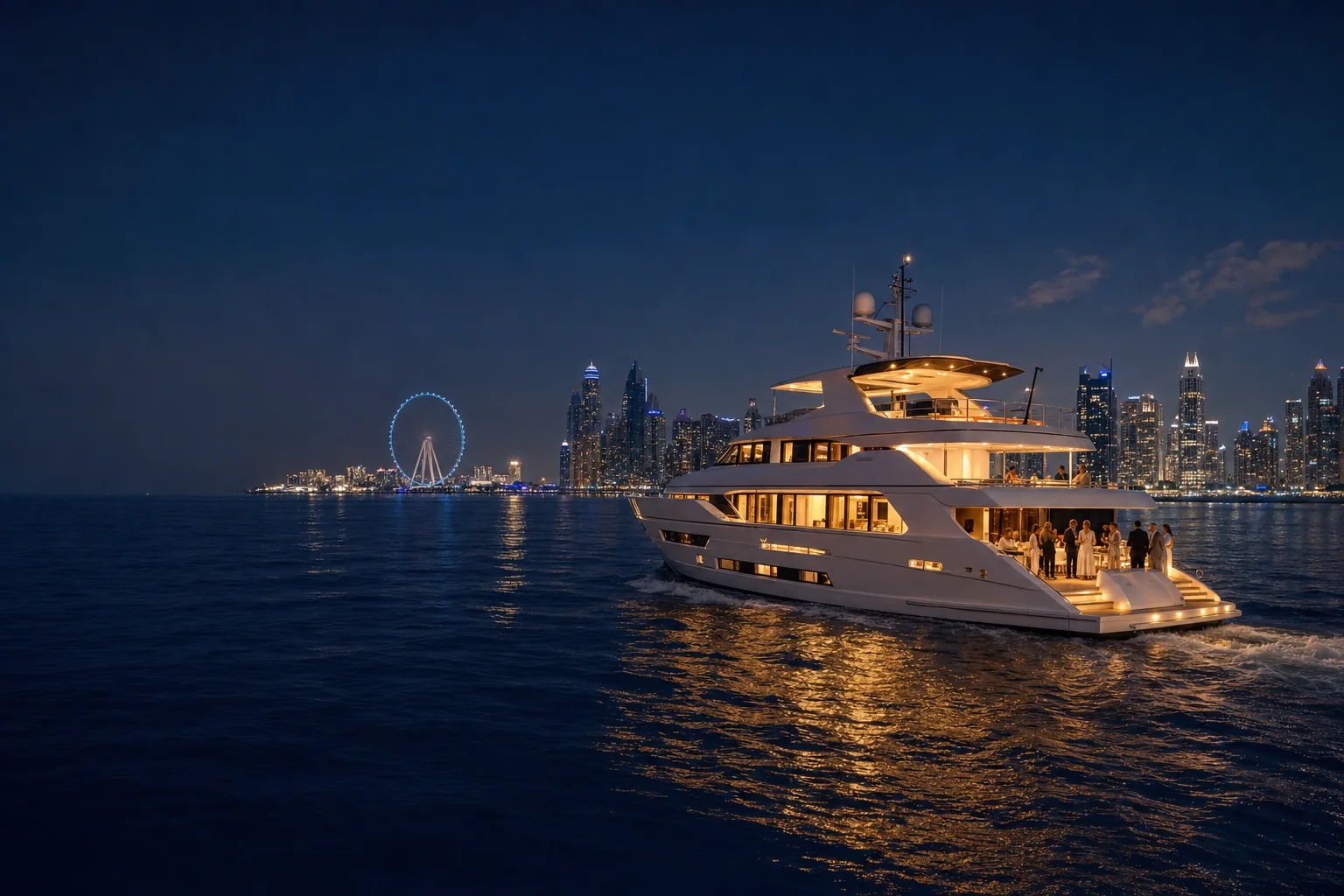 A superyacht lit up at blue hour off Dubai Marina